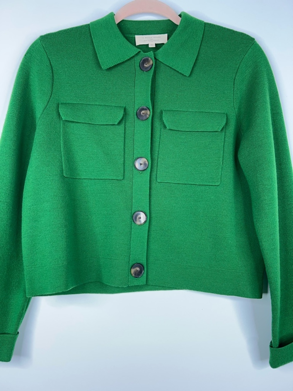 Sezane Betty Cardigan Jacket Bright Green Button-Front Merino Wool Size XS - Picture 3 of 11